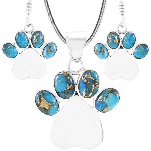 Dog Paw Heart Matrix Turquoise Pendant & Earrings Set Sterling Silver PE4059-C84
