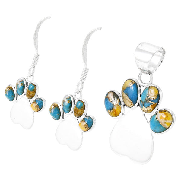 Dog Paw Heart Spiny Turquoise Pendant & Earrings Set Sterling Silver PE4059-C89