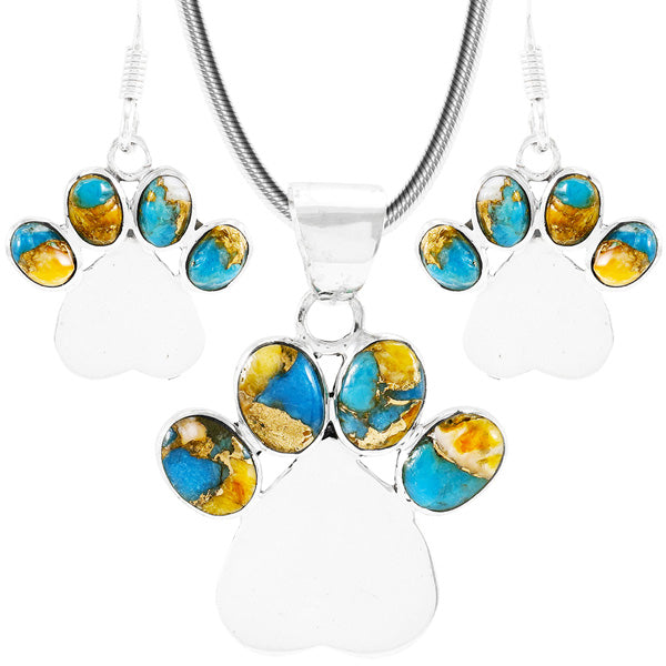 Dog Paw Heart Spiny Turquoise Pendant & Earrings Set Sterling Silver PE4059-C89