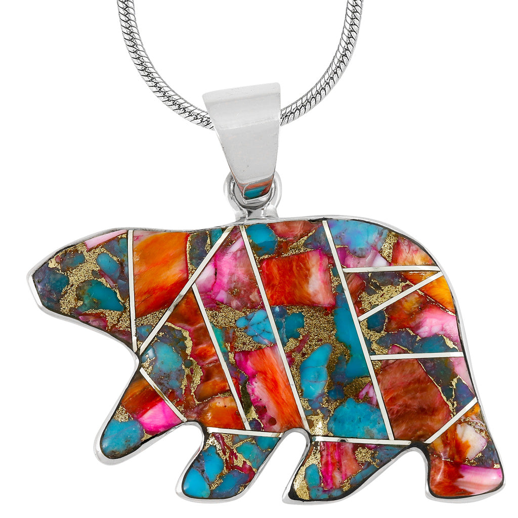 Rainbow Spiny Turquoise Bear Pendant Sterling Silver P3052-C91