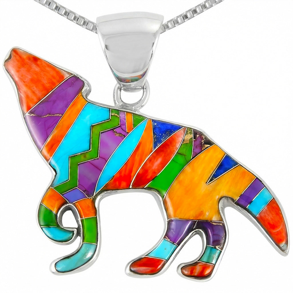 Sterling Silver Coyote Wolf Pendant Multicolor P3057-C01