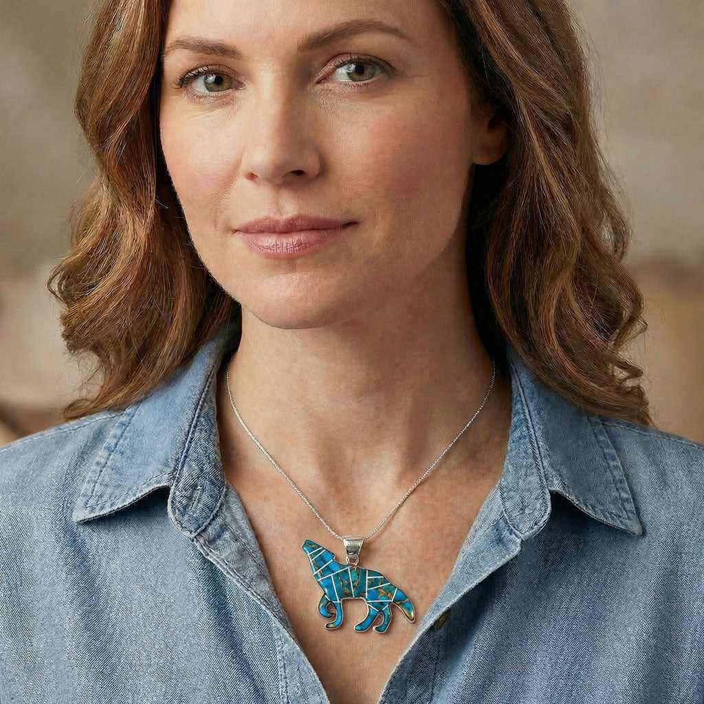 Sterling Silver Coyote Wolf Pendant Matrix Turquoise P3057-C84