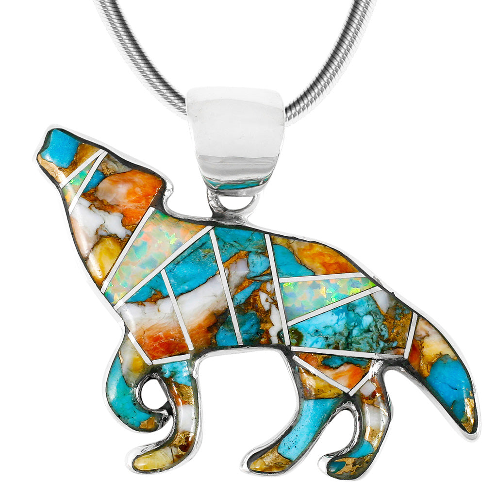 Sterling Silver Coyote Wolf Pendant Spiny Turquoise P3057-C89