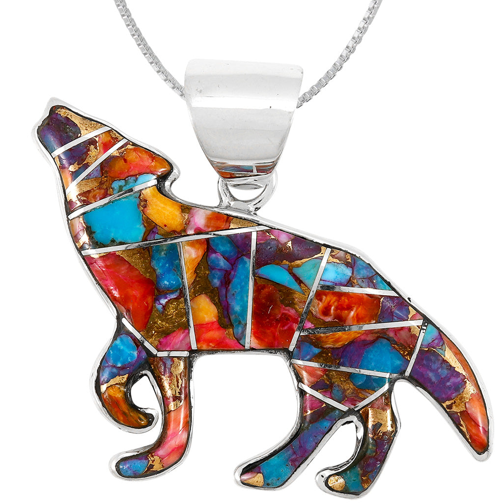 Coyote Pendant Rainbow Spiny Turquoise Sterling Silver P3057-C91