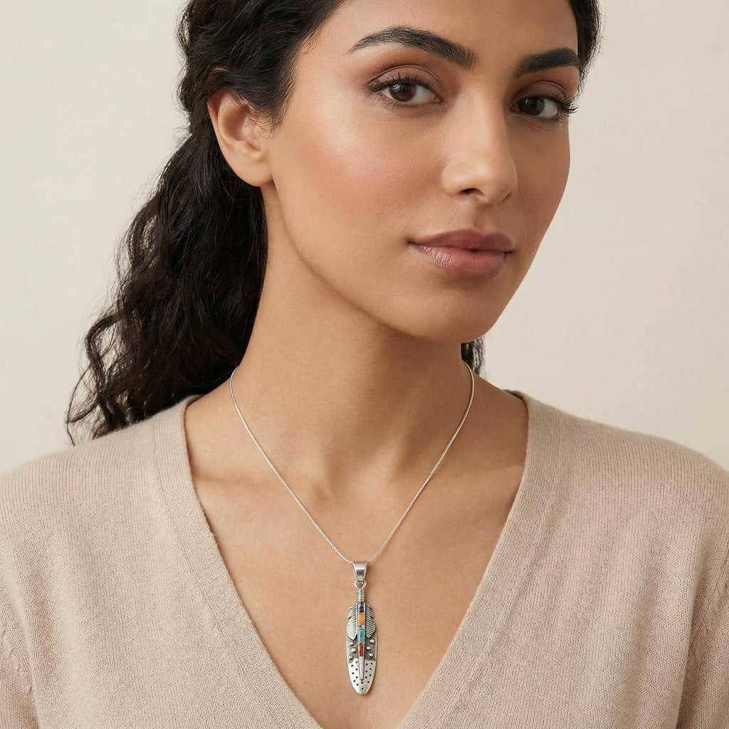 Multi Gemstone Feather Pendant SilverBronzé P3058-SB-C00