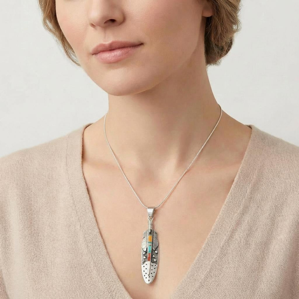 Multi Gemstone Feather Pendant SilverBronzé P3058-SB-C00