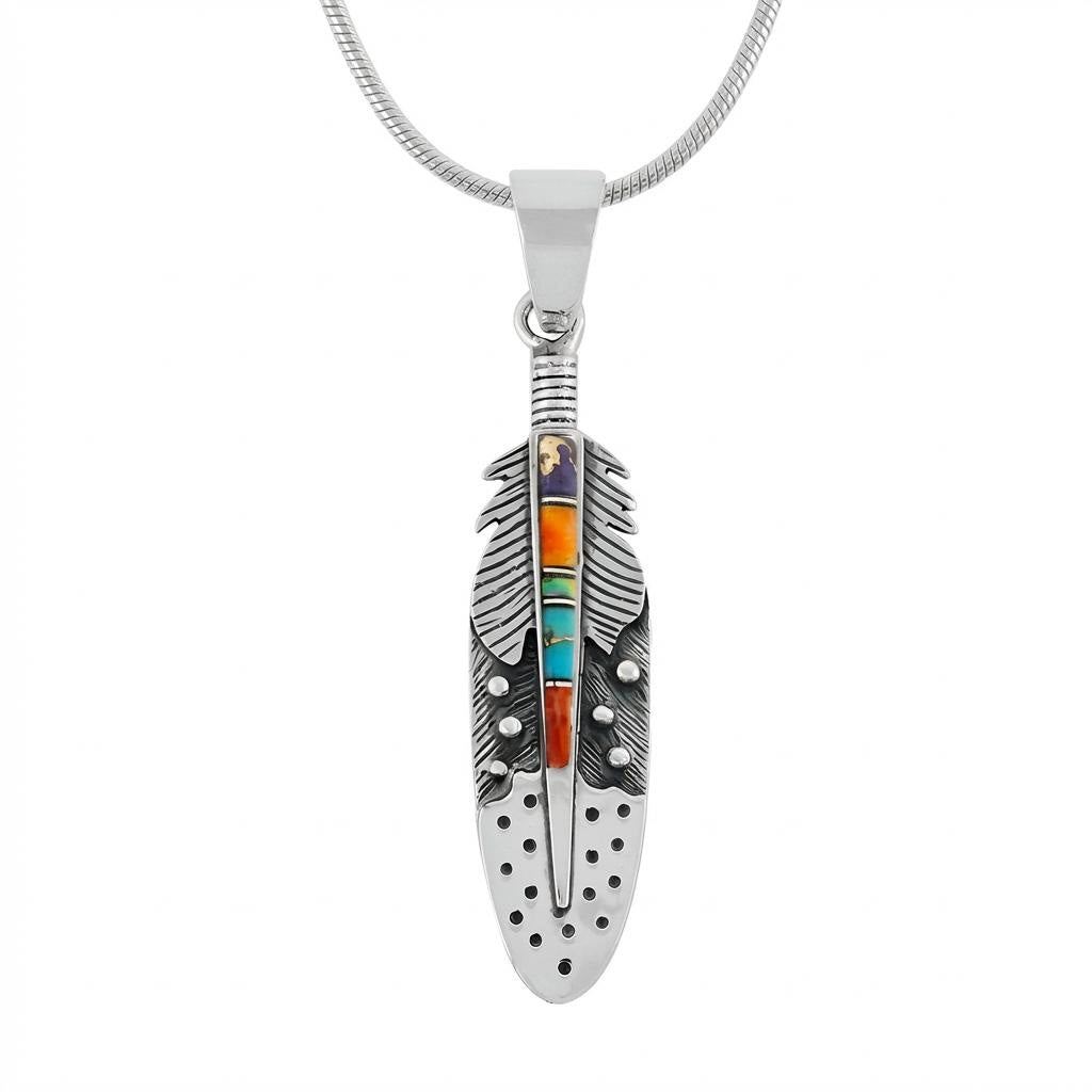 Multi Gemstone Feather Pendant SilverBronzé P3058-SB-C00