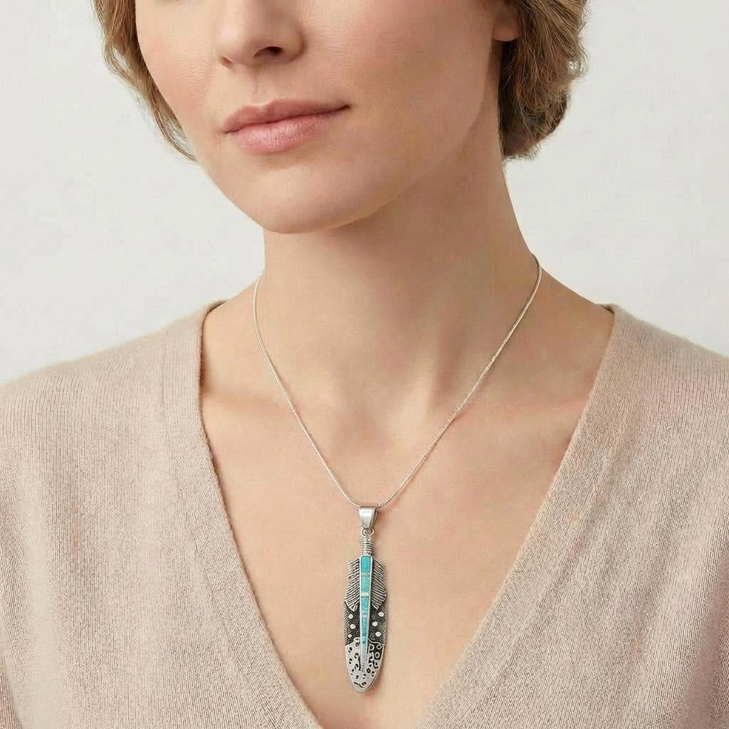 Turquoise Feather Pendant SilverBronzé P3058-SB-C05