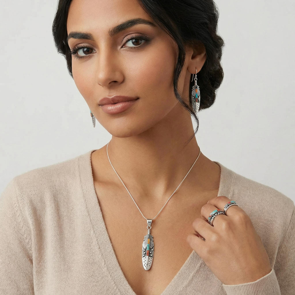 Multi Gemstone Feather Pendant SilverBronzé P3058-SB-C00