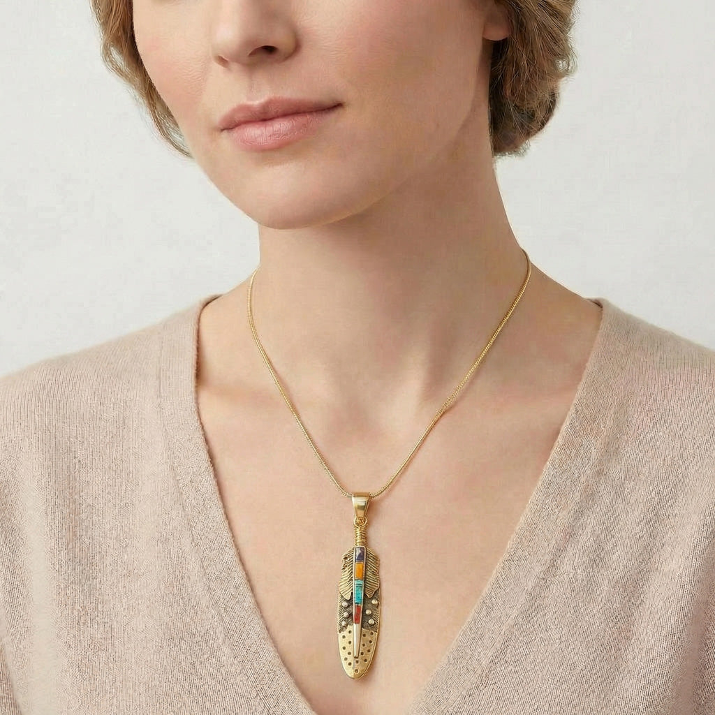 Multi Gemstone Feather Pendant GoldCopper™ P3058-GB-C00