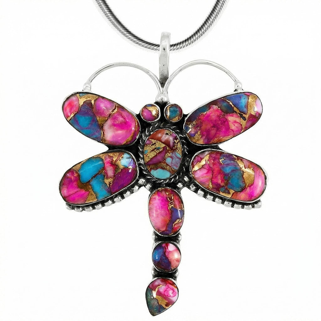 Dragonfly Rainbow Spiny Turquoise Pendant SilverBronzé P3083-SB-C91