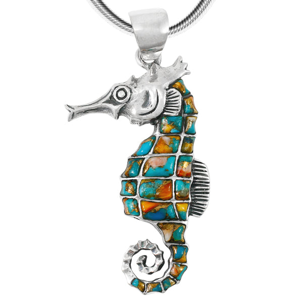 Sterling Silver Sea Horse Pendant Spiny Turquoise P3149-LG-C89