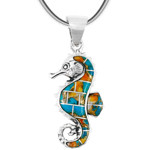 Spiny Turquoise Sea Horse Pendant Sterling Silver P3149-SM-C89