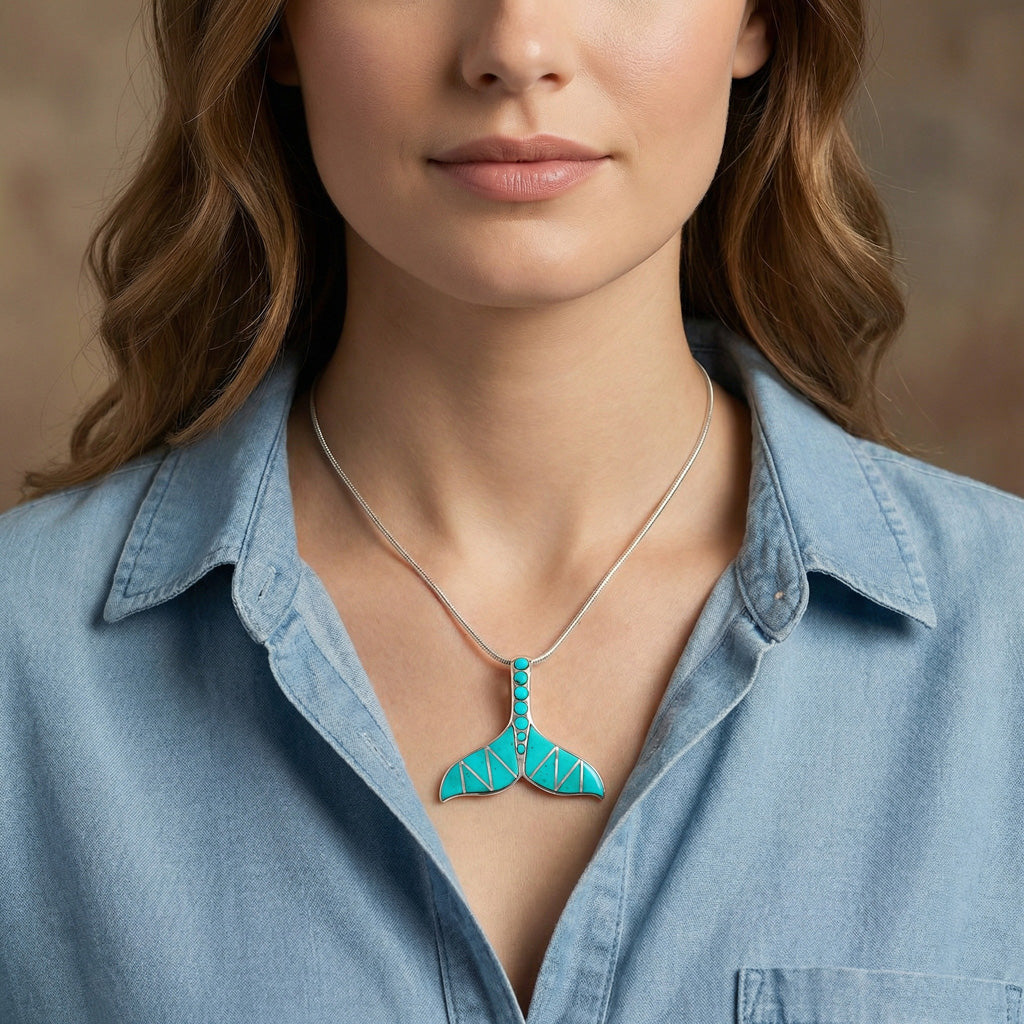 Sterling Silver Whale Tail Pendant Turquoise P3157-C05