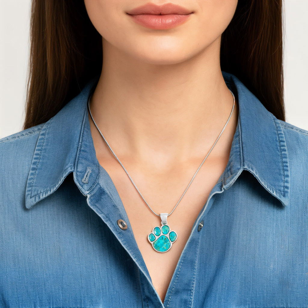 Turquoise Dog Paw Pendant SilverBronzé P3178-SB-C75
