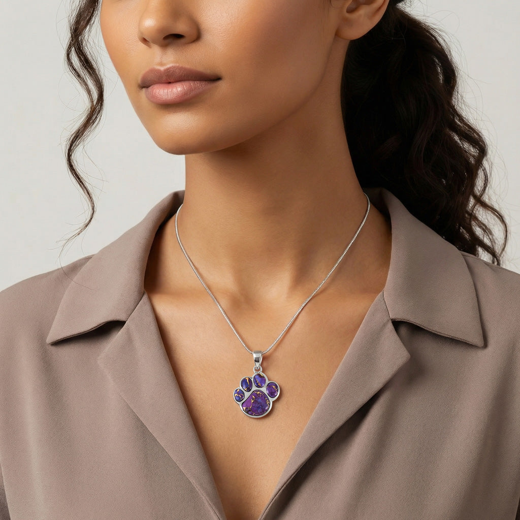 Purple Turquoise Dog Paw Pendant SilverBronzé P3178-SB-C77