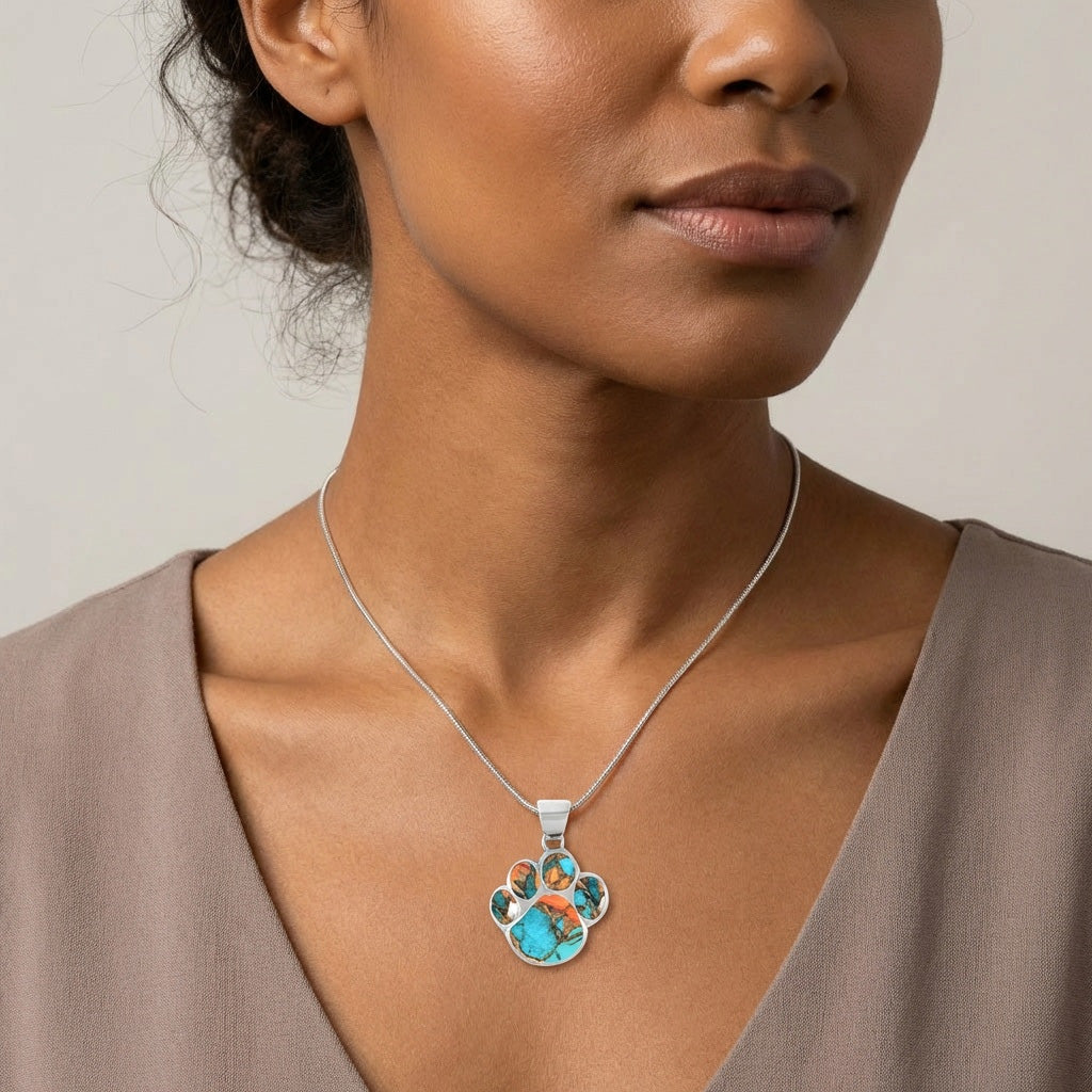 Spiny Turquoise Dog Paw Pendant SilverBronzé P3178-SB-C89