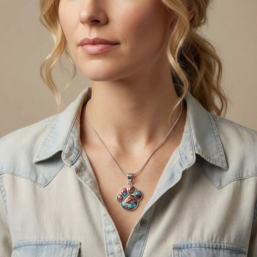 Rainbow Spiny Turquoise Dog Paw Pendant SilverBronzé P3178-SB-C91