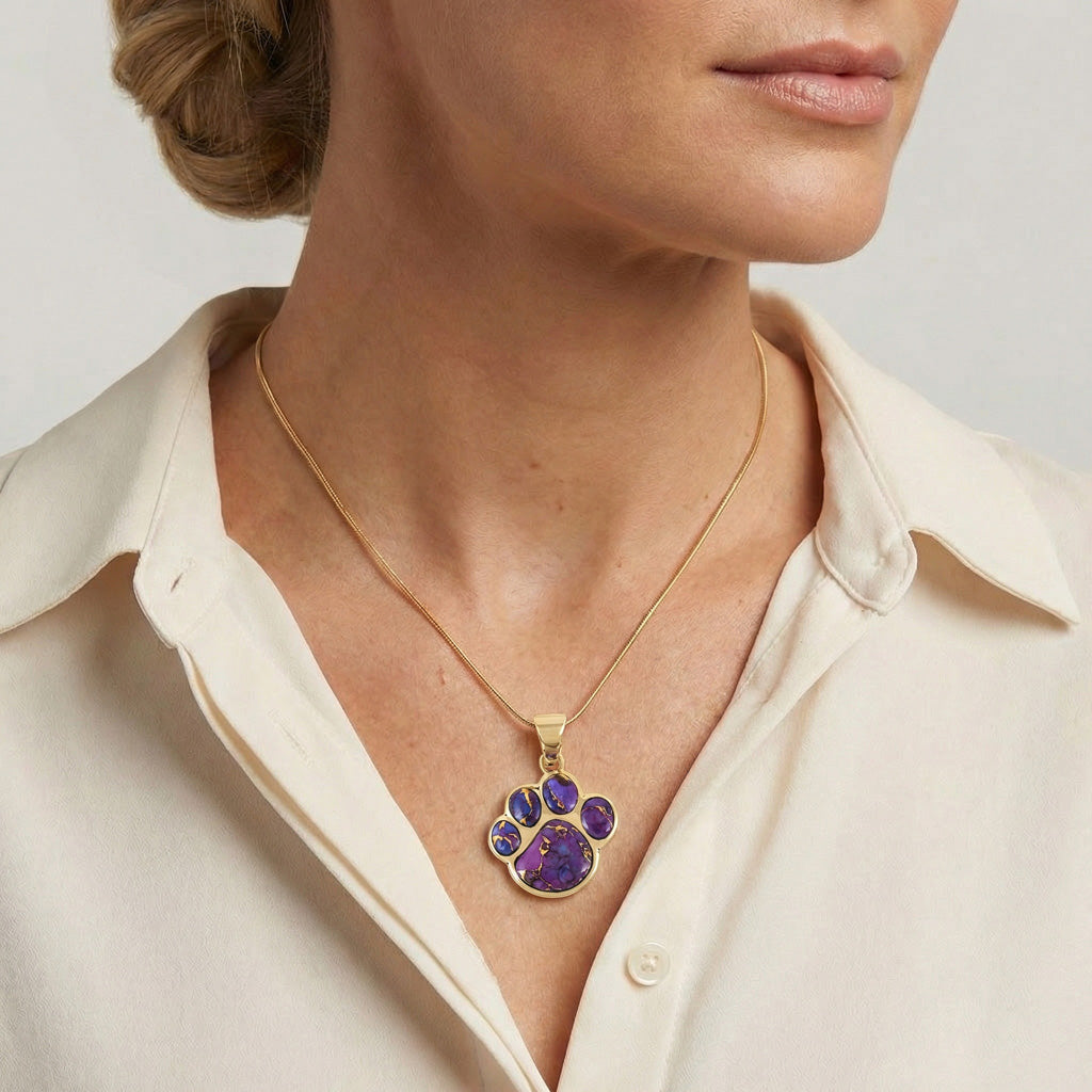 Purple Turquoise Dog Paw Pendant GoldBrass P3178-GB-C77