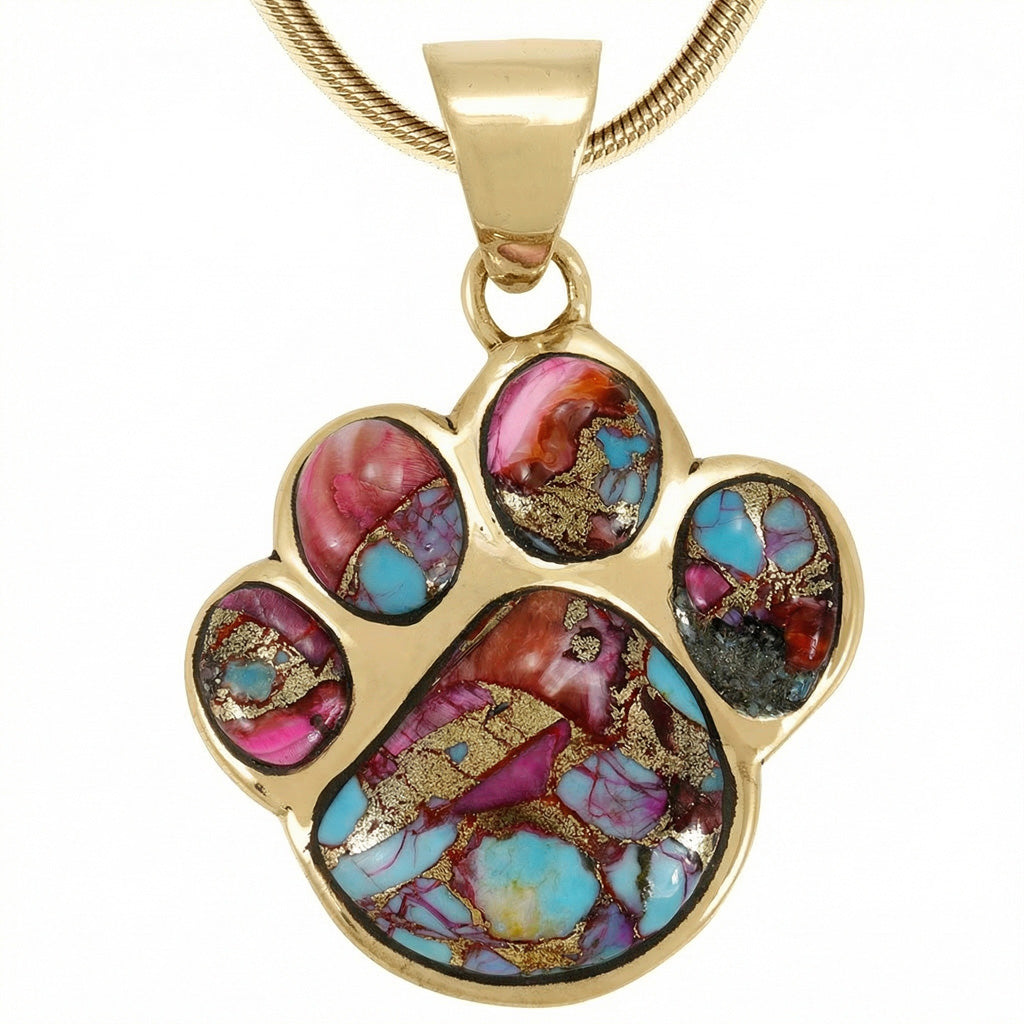Rainbow Spiny Turquoise Dog Paw Pendant GoldBrass P3178-GB-C91