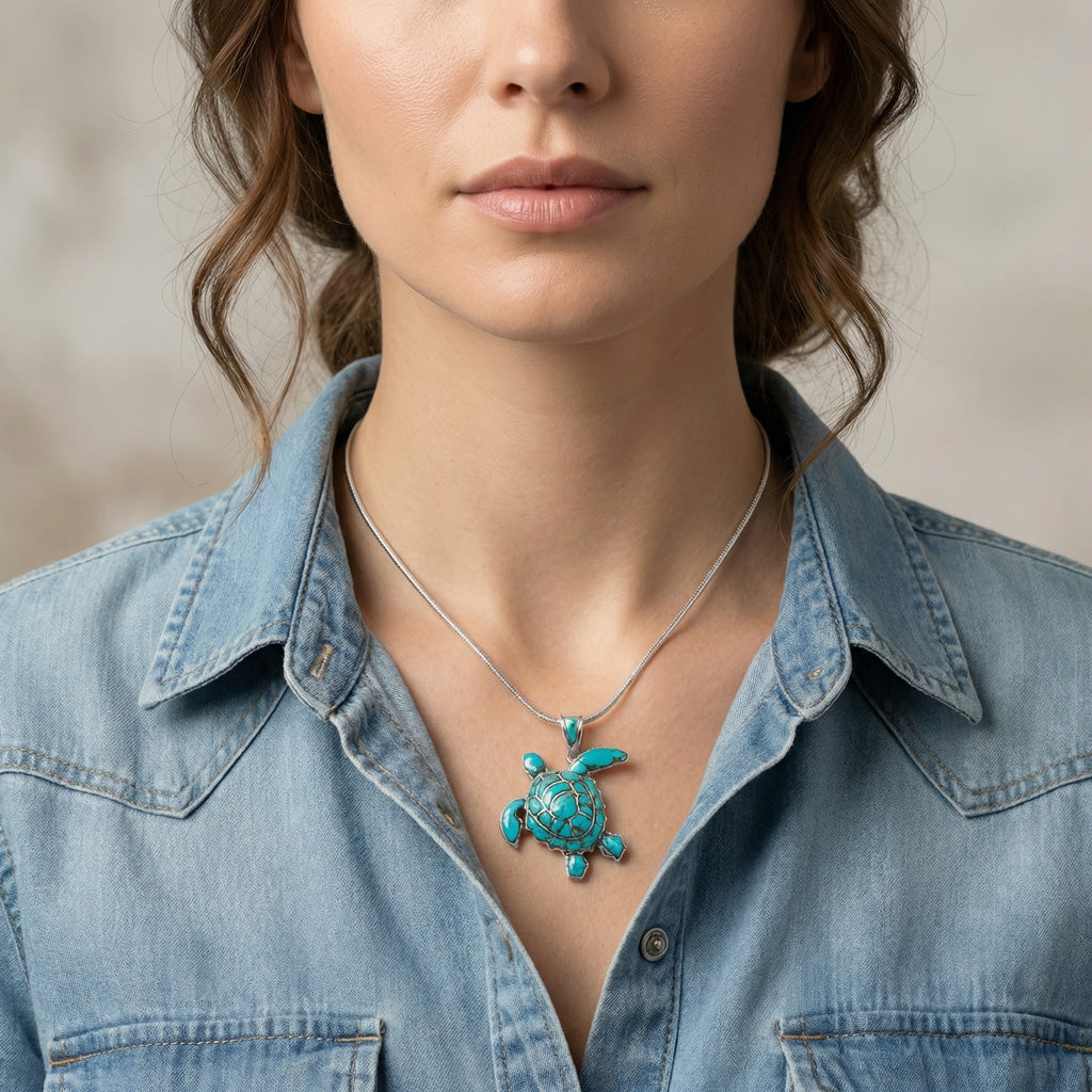 Turquoise Turtle Pendant SilverBronzé P3180-SB-C05