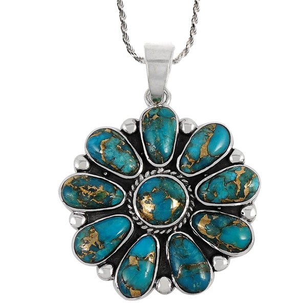 Sterling Silver Flower Pendant Matrix Turquoise P3193-C84