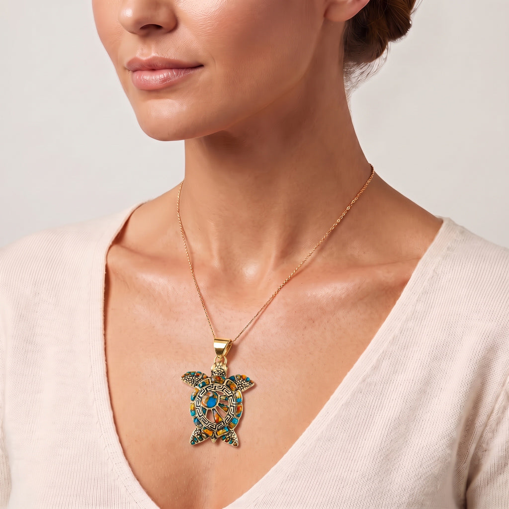 Turtle Spiny Turquoise Pendant GoldCopper P3183-GB-C89