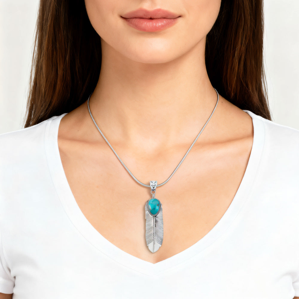 Sterling Silver Feather Pendant Turquoise P3190-LG-C75