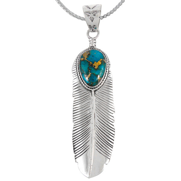 Sterling Silver Feather Pendant Matrix Turquoise P3190-LG-C84