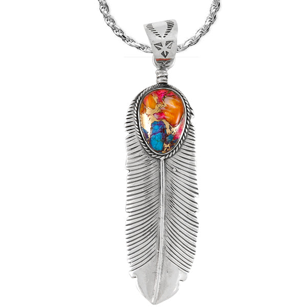 Rainbow Spiny Turquoise Feather Pendant Sterling Silver P3190-LG-C91