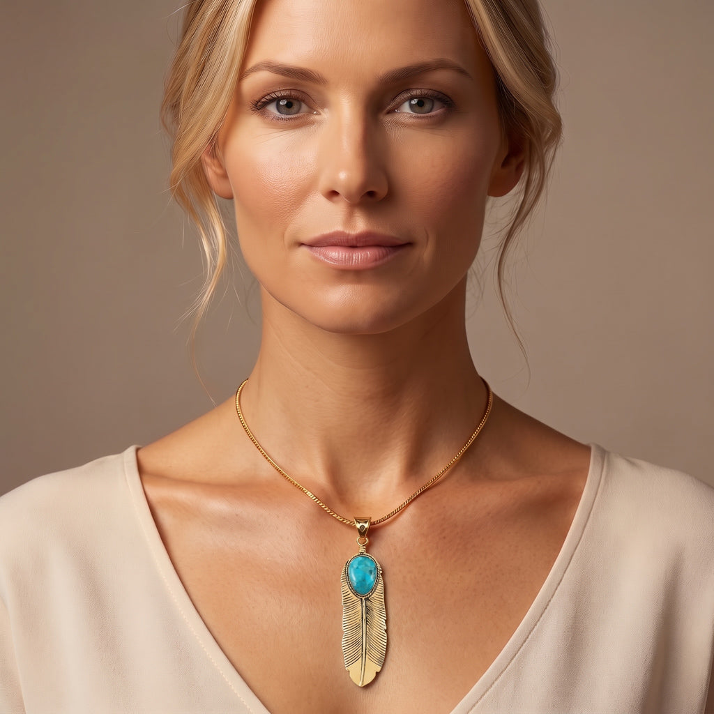 Turquoise Feather Pendant GoldCopper P3190-LG-GB-C75