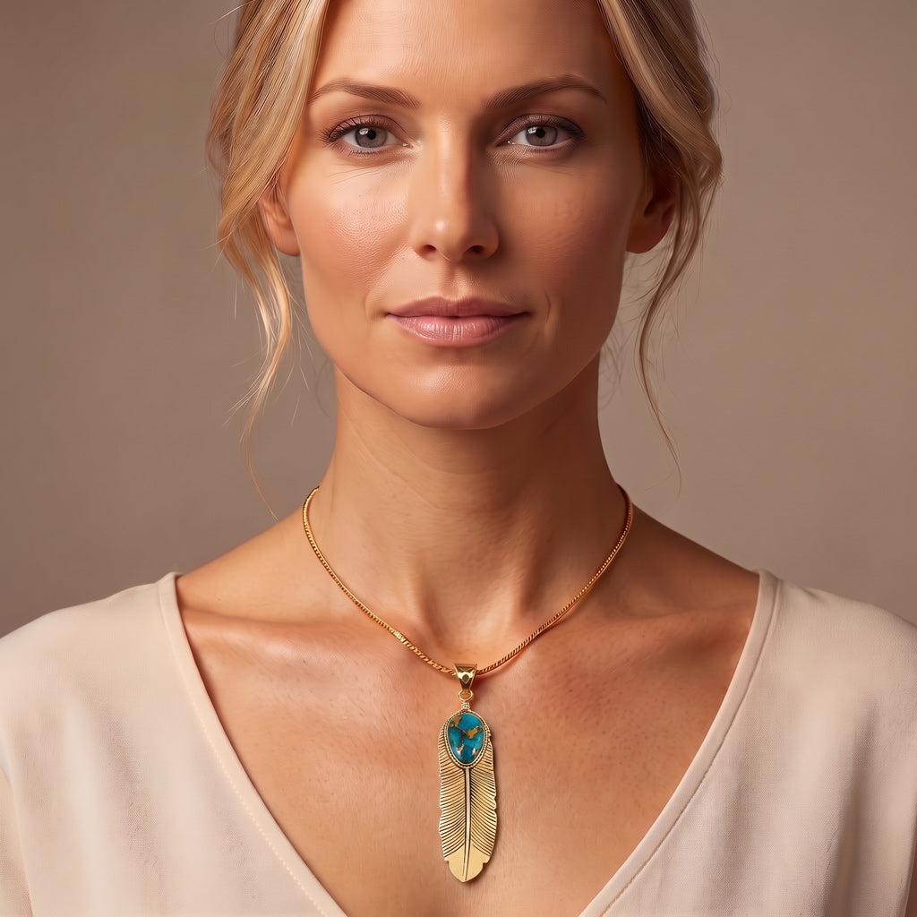 Matrix Turquoise Feather Pendant GoldCopper P3190-LG-GB-C84