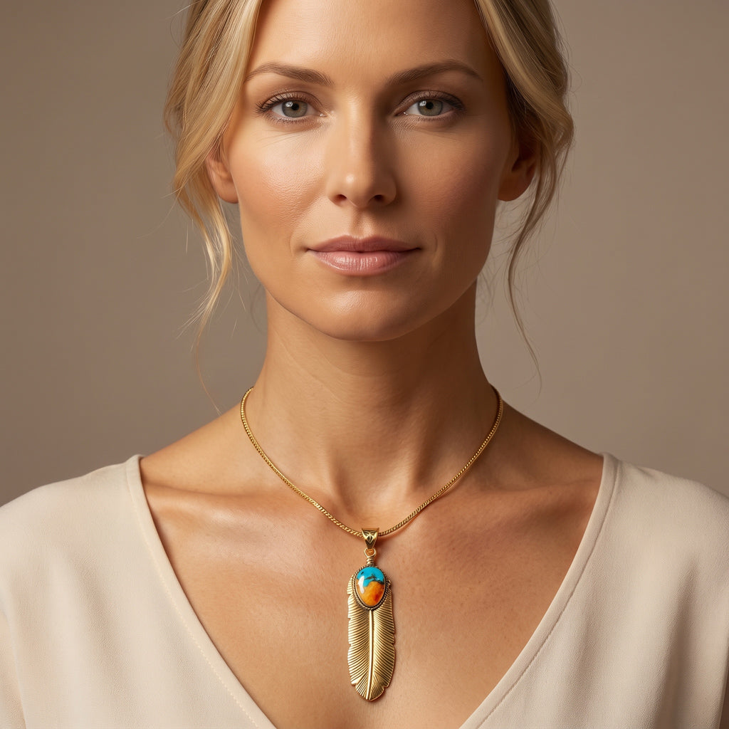 Spiny Turquoise Feather Pendant GoldCopper P3190-LG-GB-C89