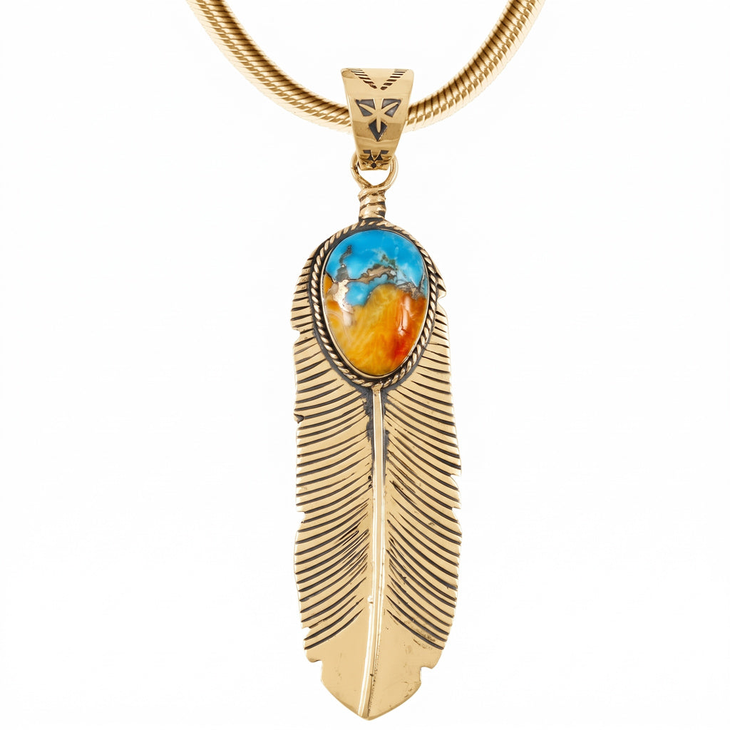 Spiny Turquoise Feather Pendant GoldCopper P3190-LG-GB-C89