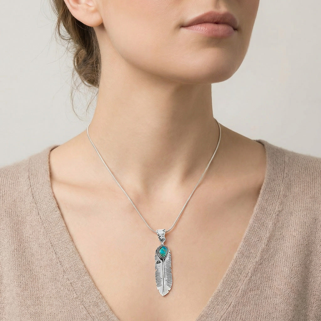 Sterling Silver Feather Pendant Turquoise P3190-SM-C75