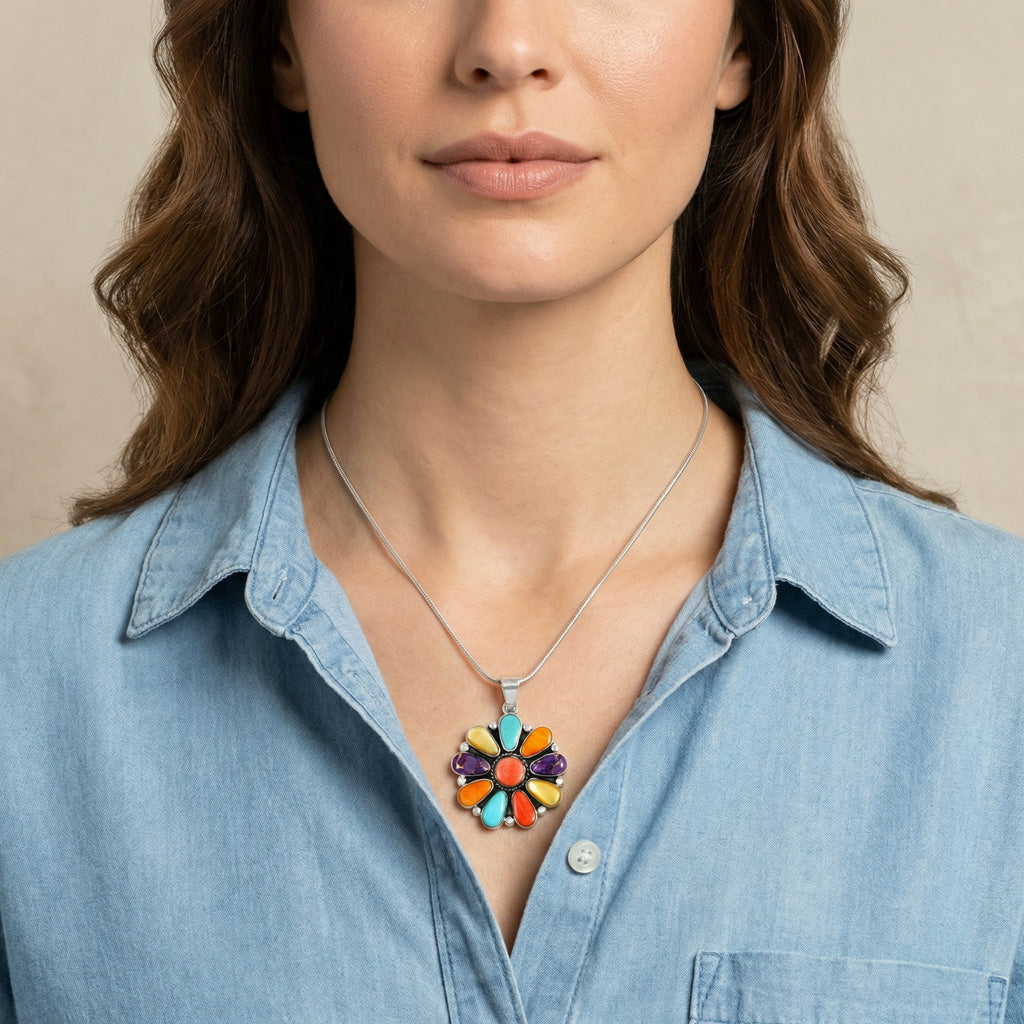 Sterling Silver Flower Pendant Multicolor P3193-C71