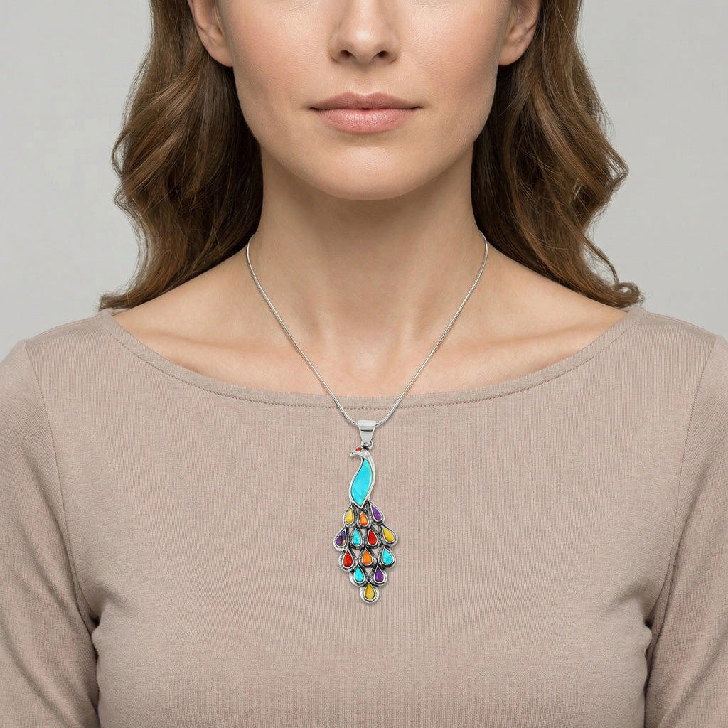 Multicolor Peacock Pendant Sterling Silver P3215-C71 (3" Long)