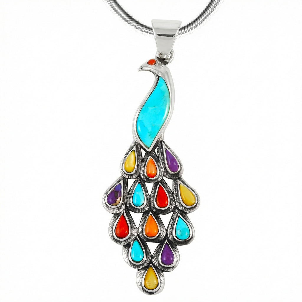 Multicolor Peacock Pendant Sterling Silver P3215-C71 (3" Long)