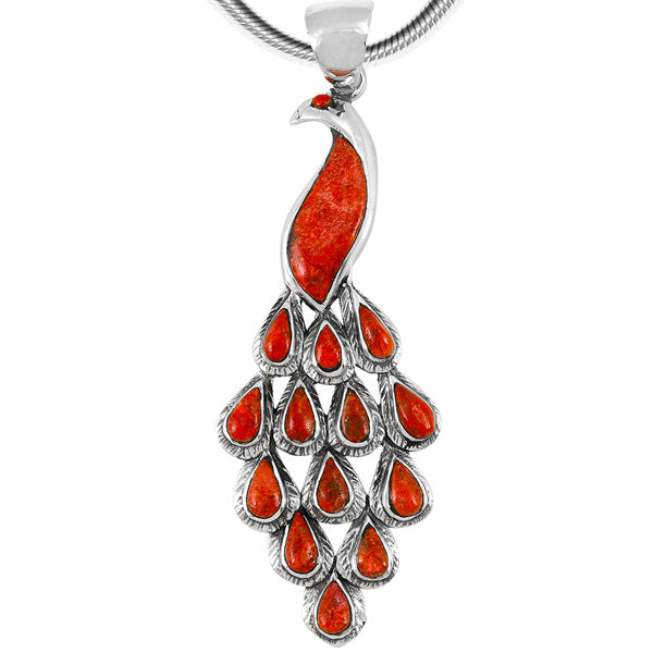 Coral Peacock Pendant Sterling Silver P3215-C74 (3" Long)