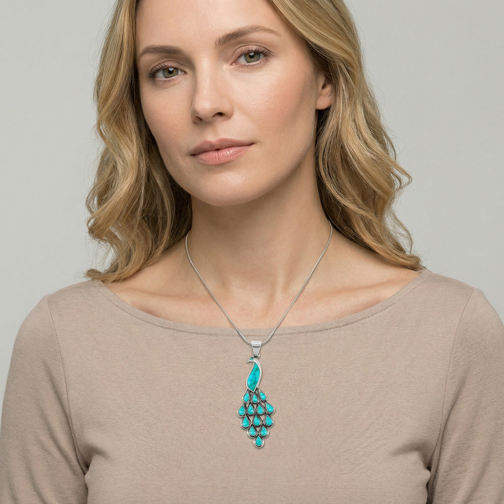 Turquoise Peacock Pendant Sterling Silver P3215-C75 (3" Long)