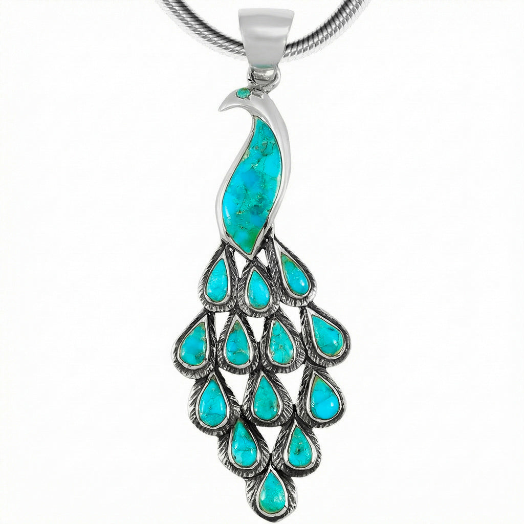 Turquoise Peacock Pendant Sterling Silver P3215-C75 (3" Long)