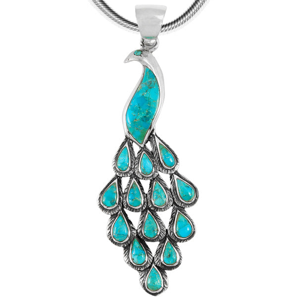 Turquoise Peacock Pendant Sterling Silver P3215-C75 (3" Long)