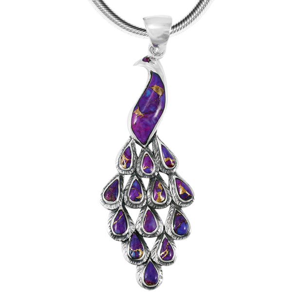 Purple Turquoise Peacock Pendant Sterling Silver P3215-C77 (3" Long)