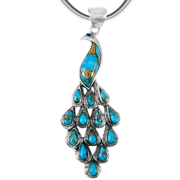 Matrix Turquoise Peacock Pendant Sterling Silver P3215-C84 (3" Long)