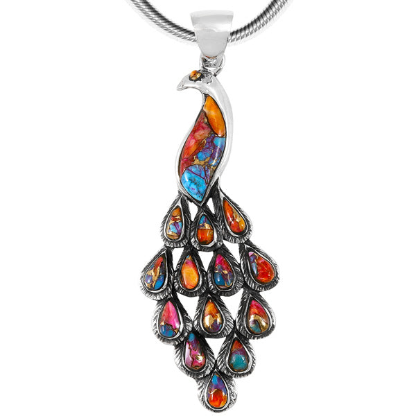 Rainbow Spiny Turquoise Peacock Pendant Sterling Silver P3215-C91 (3" Long)