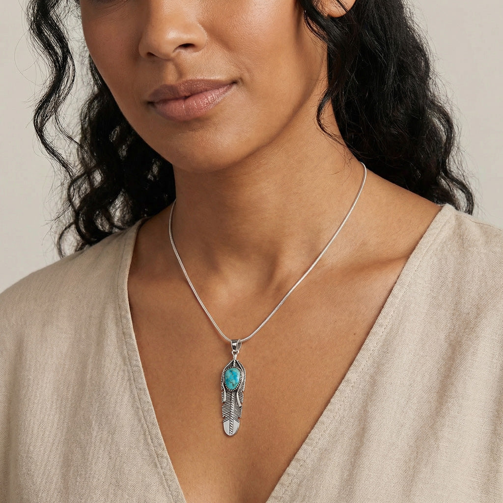 Turquoise Feather Pendant Sterling Silver P3285-C75