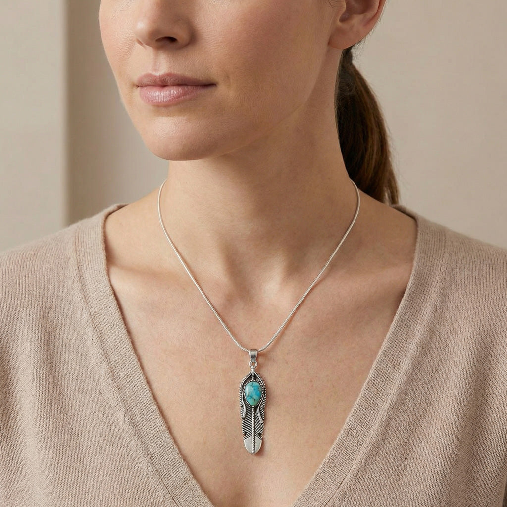 Turquoise Feather Pendant Sterling Silver P3285-C75
