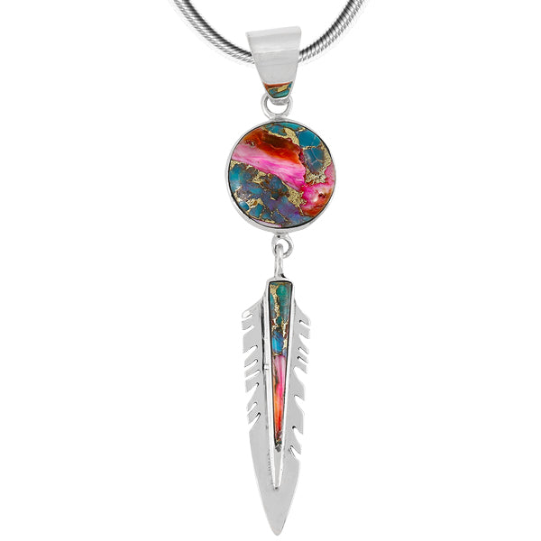 Rainbow Spiny Turquoise Feather Pendant Sterling Silver P3286-C91