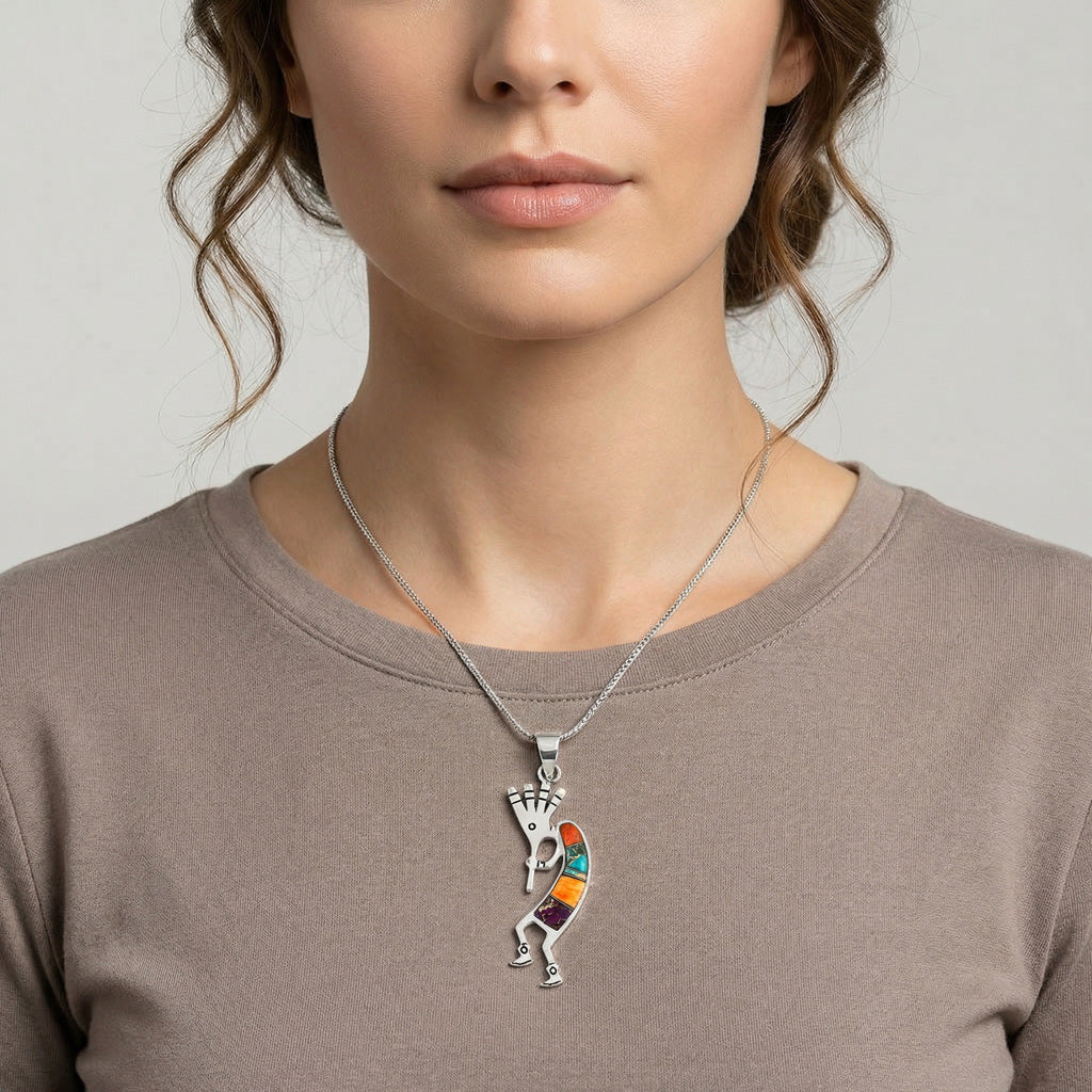 Multi-Gemstone 2" Kokopelli Pendant Sterling Silver P3289-LG-C00