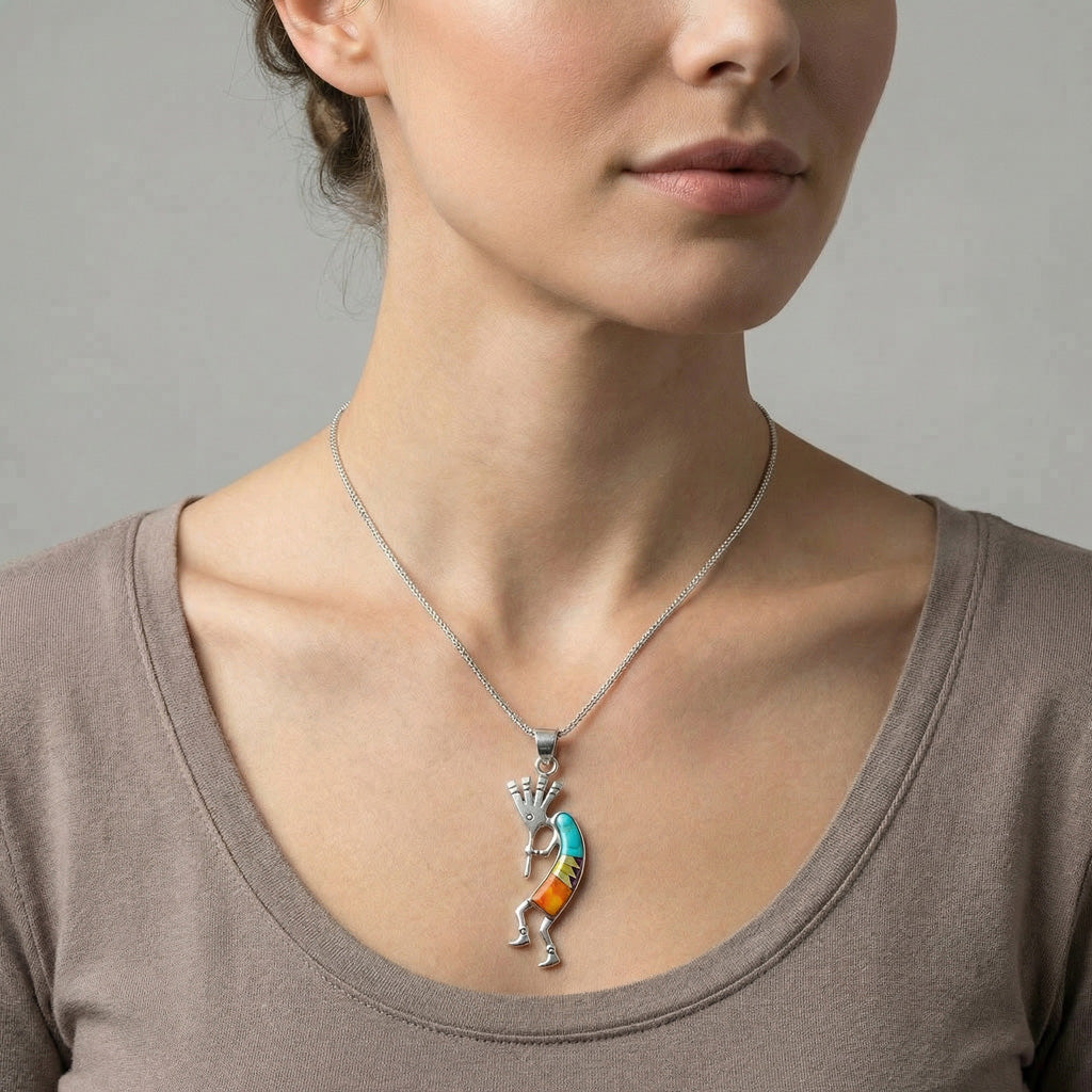 Multi-Gemstone 2" Kokopelli Pendant Sterling Silver P3289-LG-C01